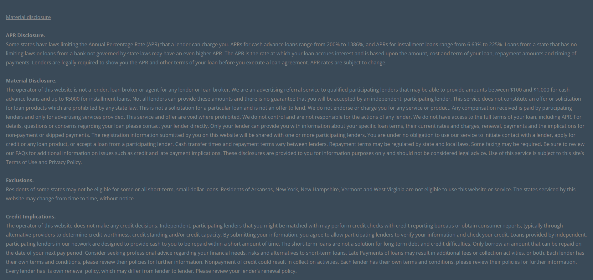 Material disclosure for payday loans in Indianapolis Indiana